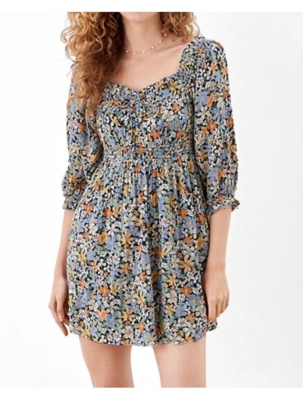 American‎ Eagle Smocked Dress XS Cottage Milkmaid Floral Babydoll Romantic Puff